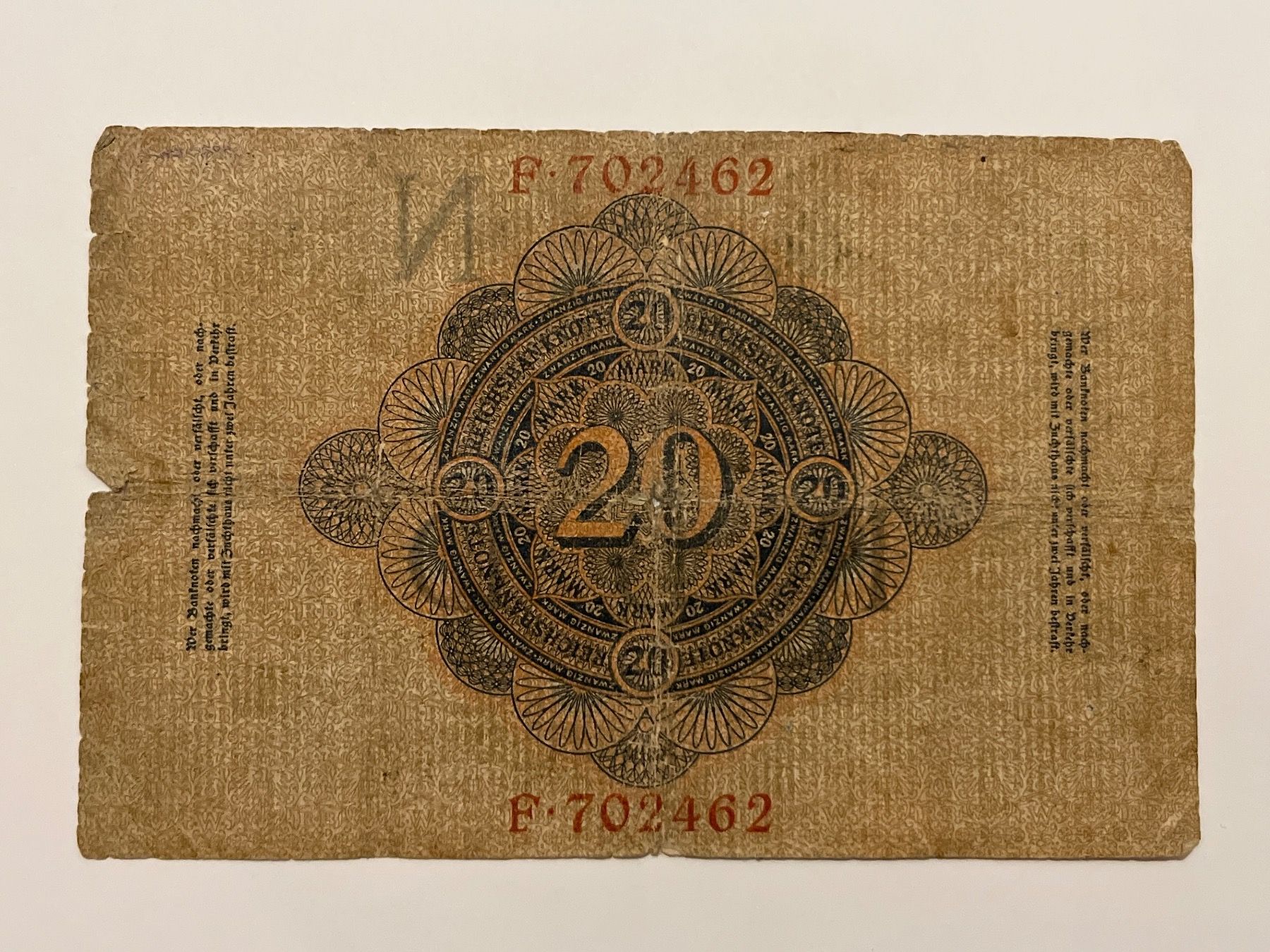 Banknoten: 20 Zwanzig Mark Februar 1914 – Gebraucht aus Hergiswil NW von SLDM
