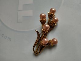 Brosche Blumen Goldfarben Perlen Neu