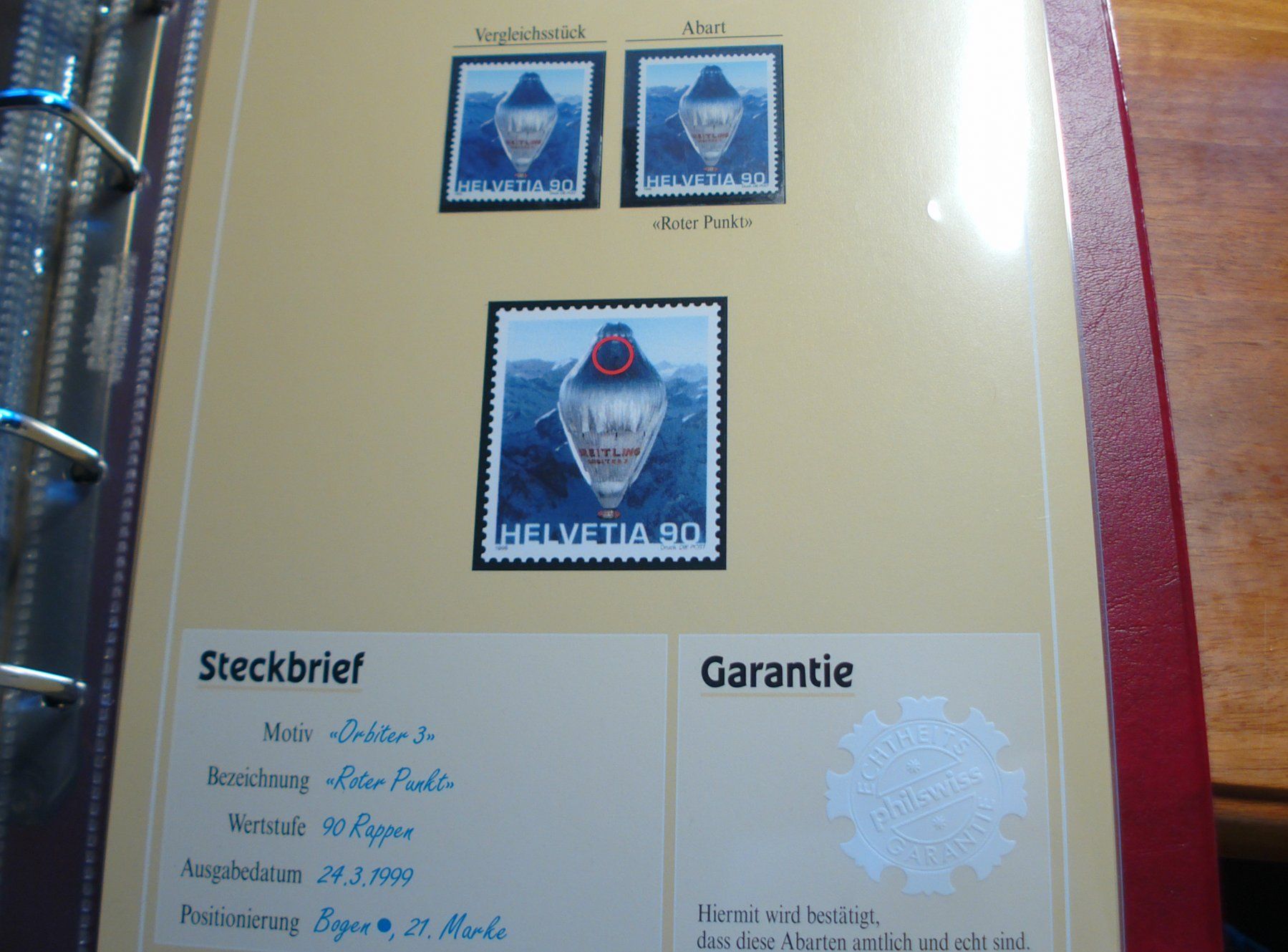 Tutti i francobolli: Abart 1999 **,  Breitling Orbiter, "Roter Fleck" – Usato da Niederwil AG venduto da morostahu 1