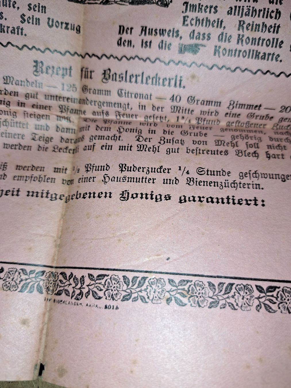 Dokumente: Antike Schweizer Bienenhonig Werbung, Rezept Basler Leckerli – Gebraucht aus Kölliken von Upcycling-by-Mc-TAM 3