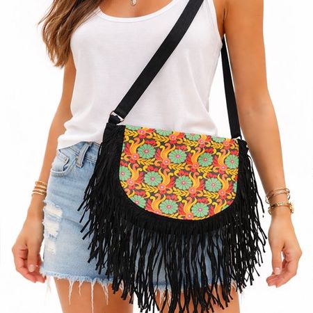 Schultertasche Fransen Tasche Umhängetasche Hippie Schwarz