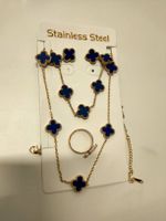 Schmuckset Kleeblatt Motiv Edelstahl Gold blau 4-teilig