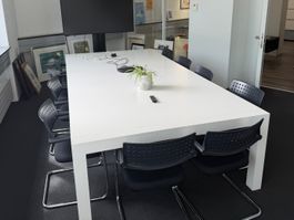 Grosser Konferenztisch mit 12 Freischwinger-Stühlen