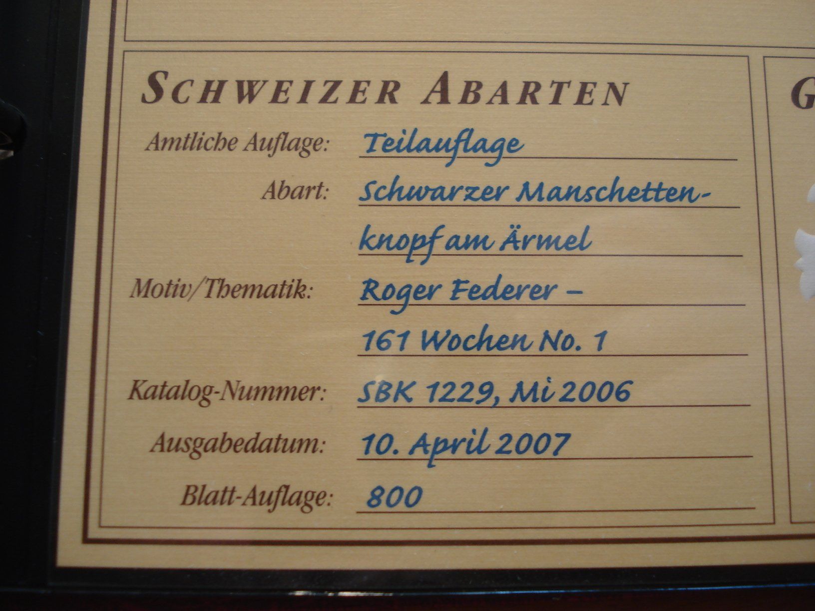 Tous les timbres: Abart "Roger Federer" 2007, **, Schwarzer Manschettenknopf – D'occasion à Niederwil AG par morostahu 2