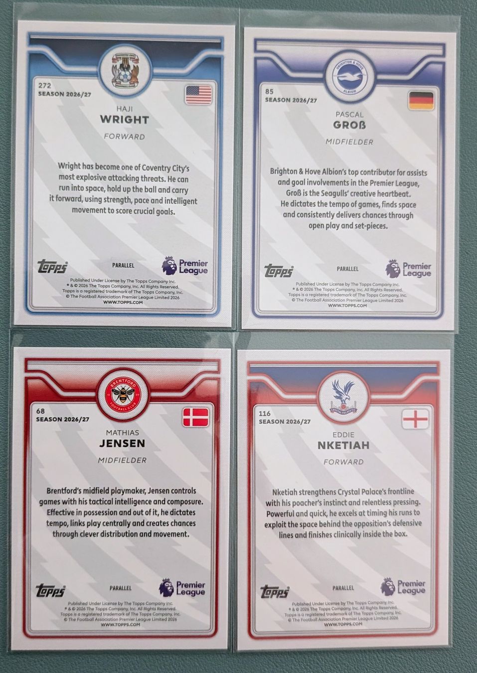 Topps Sammelbilder & Trading cards: PL Parallel – Nketiah, Groß, Wright & Jensen – 4 Karten – Neu (gemäss Beschreibung) aus Zürich von Milk-and-Chicken 1
