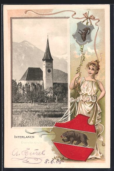 Ansichtskarten: Litho Interlaken, Kirche, Frau mit Wappe – Gebraucht aus Berlin von bartko-reher