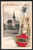 Litho Interlaken, Kirche, Frau mit Wappe