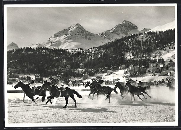 Ansichtskarten: St. Moritz, Pferderennen mit Ortspanoram – Gebraucht aus Berlin von bartko-reher