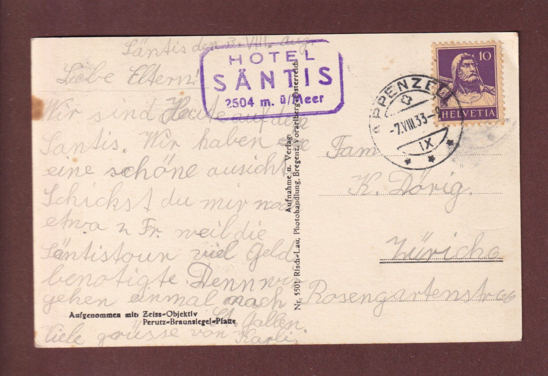Ansichtskarten: Gasthaus SÄNTIS - Observatorium - 1933 – Gebraucht aus Pully von nicecards 1
