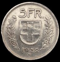 Top Silber 5 Franken 1952 Schweiz Rar