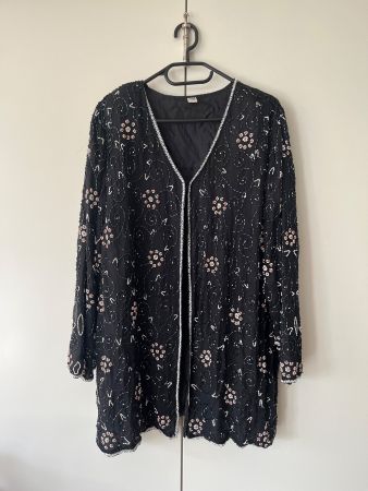 Perlen-bestickte Jacke schwarz-blau-weiss, Unikat/Vintage