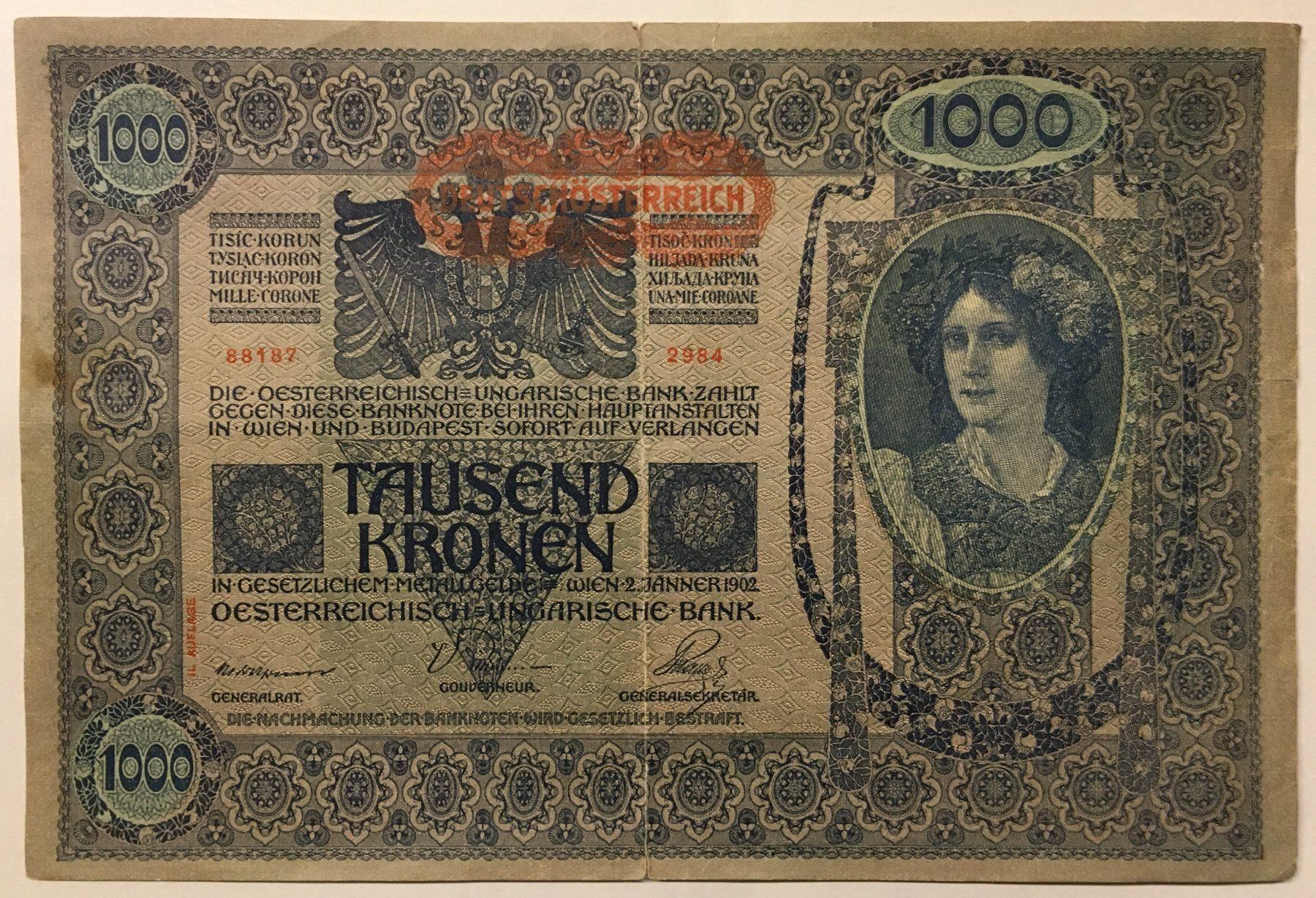 Billets de banque: Tausend Kronen 2.JÄNNER 1902 – D'occasion à Zürich par baracuda8048