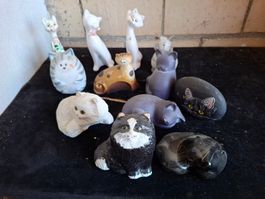 Konvolut Katzenfiguren, Keramik & Stein, 10 Stk. 🐈