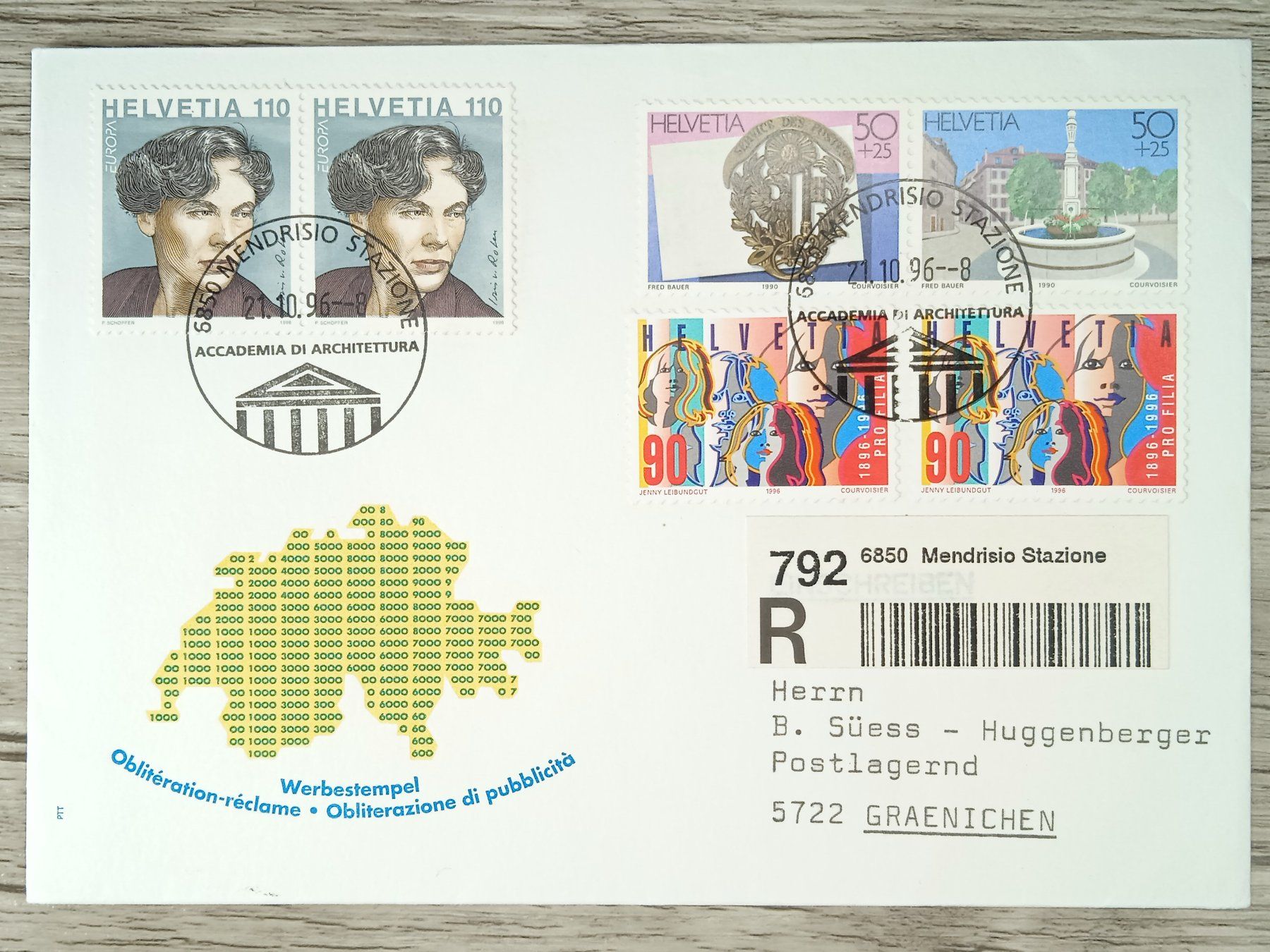 Tutti i francobolli: TR03 Enveloppe + Timbre Suisse 1996 – Usato da Cousset venduto da Patrick_Collections