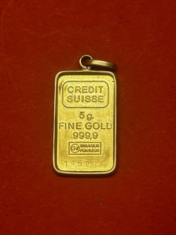 Metalli preziosi: Goldbarren von CS 5 Gramm 999 Feingold mit Fassung für Halsk – Usato da Zollikofen venduto da Jpp1976