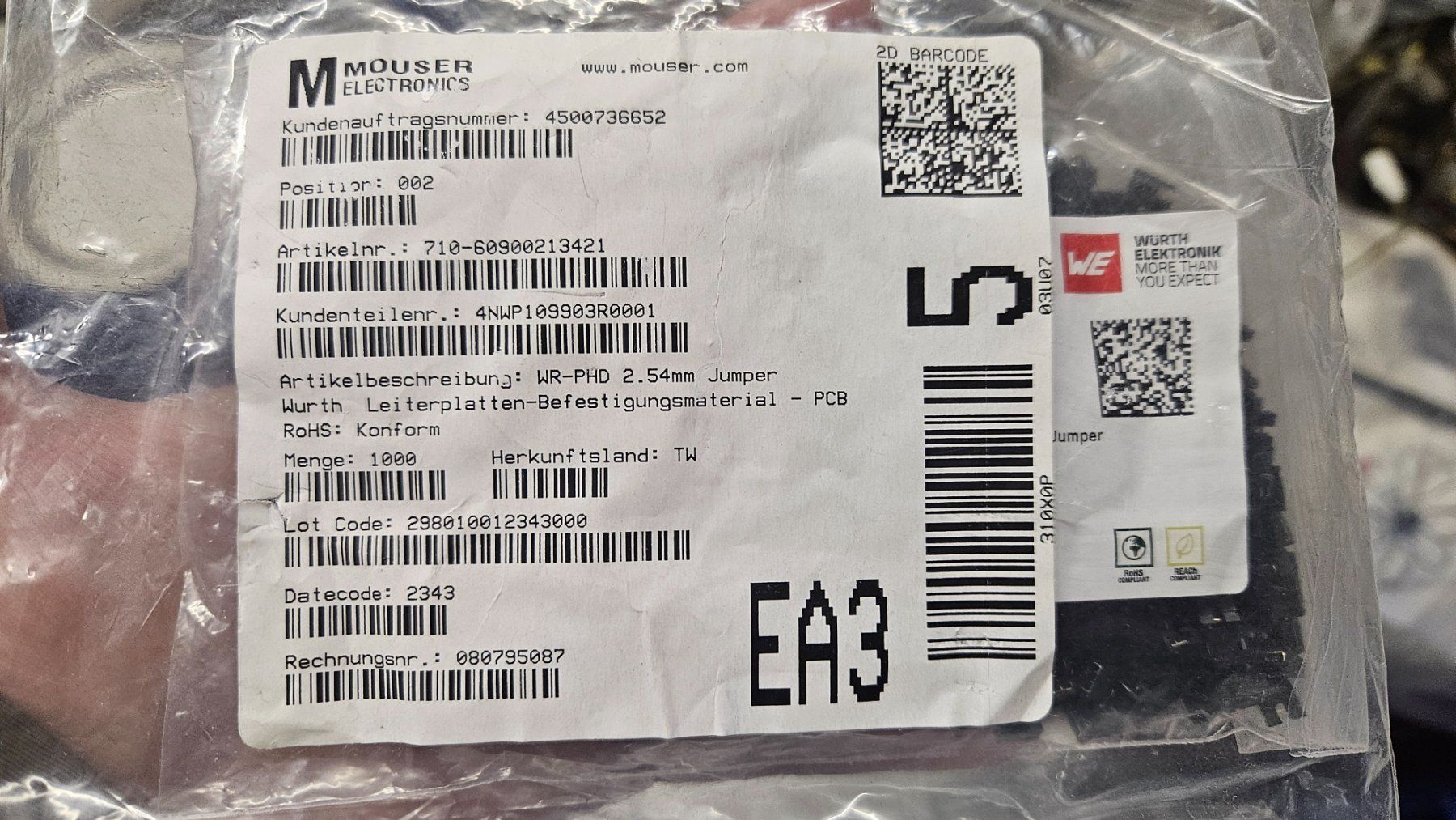 Elektronikbauteile: 1000 pz. WR-PHD 2.54mm Jumper Wurth – Neu und originalverpackt aus Melano von H-Sara