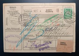DR , ZOLLBEGLEITSCHEIN / PAKETKARTE IN DIE SCHWEIZ 1924