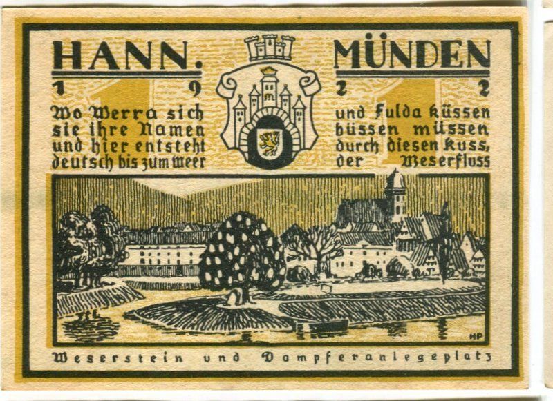 Banconote: Notgeld "1 Mark. Hann. Münden 1922" – Usato da Basel venduto da Butsch5 1