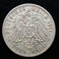 DR Württemburg Wilhelm II König vom W 3 Mark 1911 16,66gr.