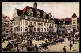 AK Herisau, Staats- und Bankgebäude, Marktplatz mit Händlern
