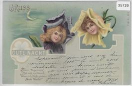 Gruss aus... - Gute Nacht - Mädchenköpfe in Blume - Litho
