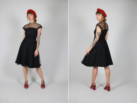 1950er Schwarz Tulle und rayon Kleid - Gr.S