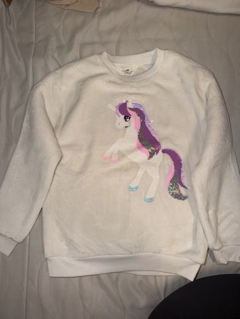 H&M Plüschpullover Einhorn Pailletten weiss Grösse 134/140