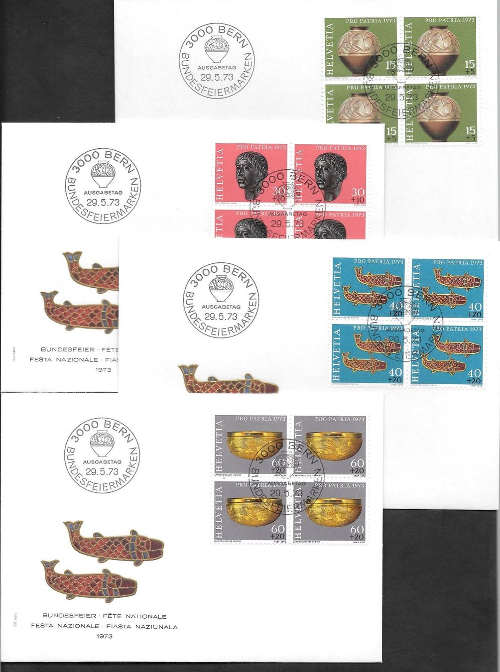 Alle Briefmarken: 4 FDC Pro Patria 1973 Serie Viererblöcke ET Bern 29.5.1973 – Neu (gemäss Beschreibung) aus Olten von clotaldi