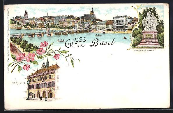 Ansichtskarten: Litho Basel, Rathaus, Strassburger-Denkm – Gebraucht aus Berlin von bartko-reher