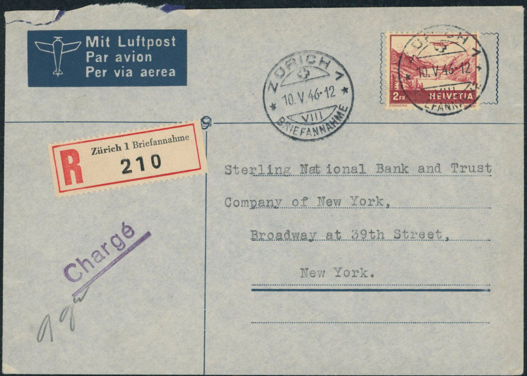 Tutti i francobolli: 1946 - Flugpost - Brief - EF - nach USA – Usato da Schindellegi venduto da leecollect