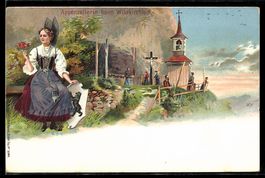 Lithographie Wildkirchli, Appenzellerin beim Wildkirchlein