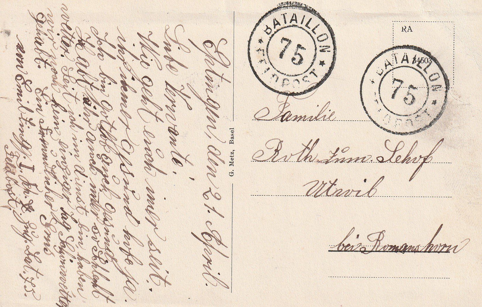 Ansichtskarten: Schweiz-Militär-Eptingen-BATAILLON Nr.75  Feldpst – Gebraucht aus uttwil von Koehlerfred 1