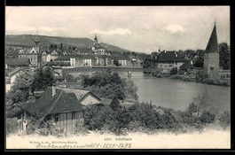 AK Solothurn, Stadtansicht mit Fluss, Brücke und Kirchtürmen