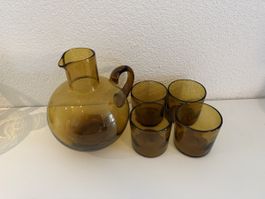 Glaskaraffe mit 4 Gläsern braun