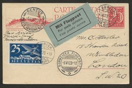 Flugpost Schweiz 1923 Zürich Genf und Paris London