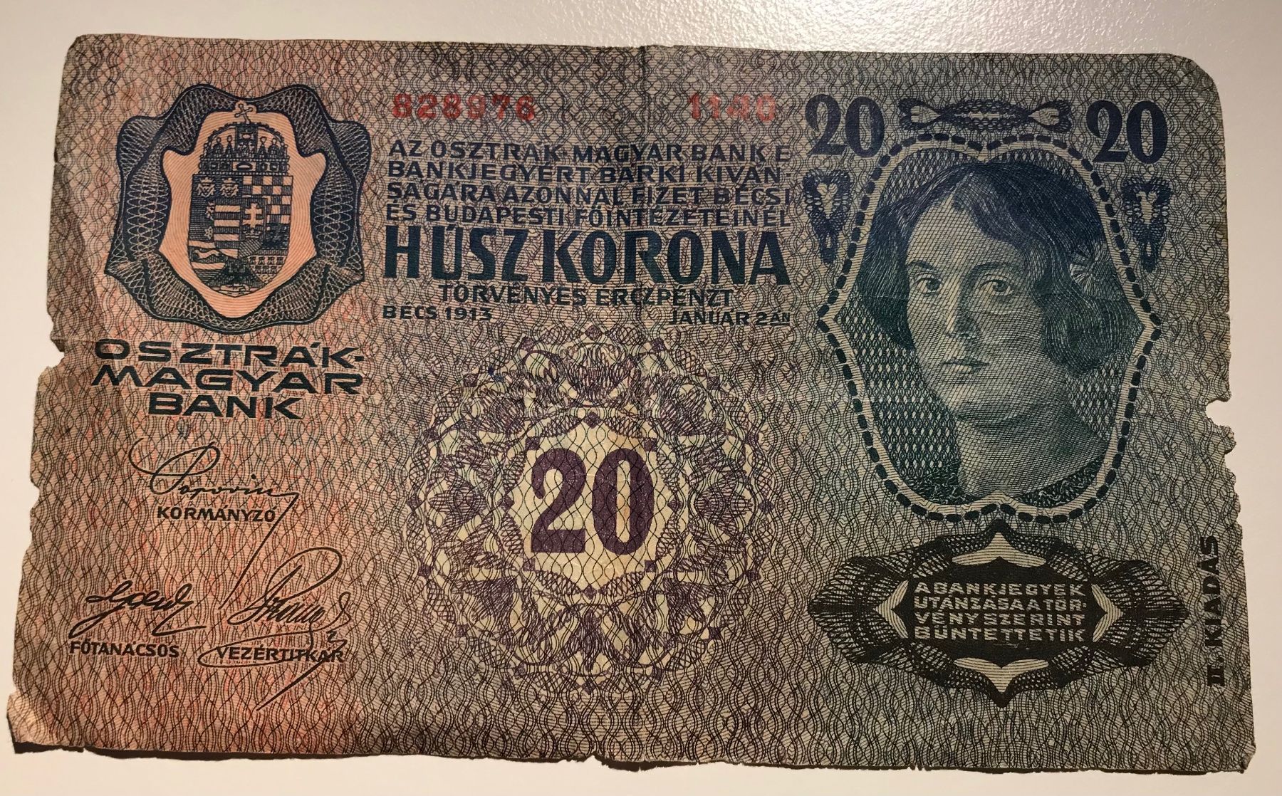 Banknoten: Österreich 20 Kronen 1913 – Gebraucht aus Algetshausen von Carrhard 1