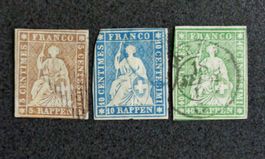 SWITZERLAND 1854–1860: «Strubeli», 3 timbres oblitérés