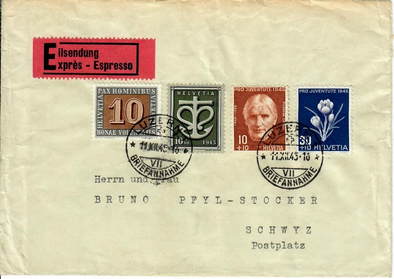 Tous les timbres: Brief, Luzern - Schwyz 1945 - Express – D'occasion à Hochdorf par Ziegel-16