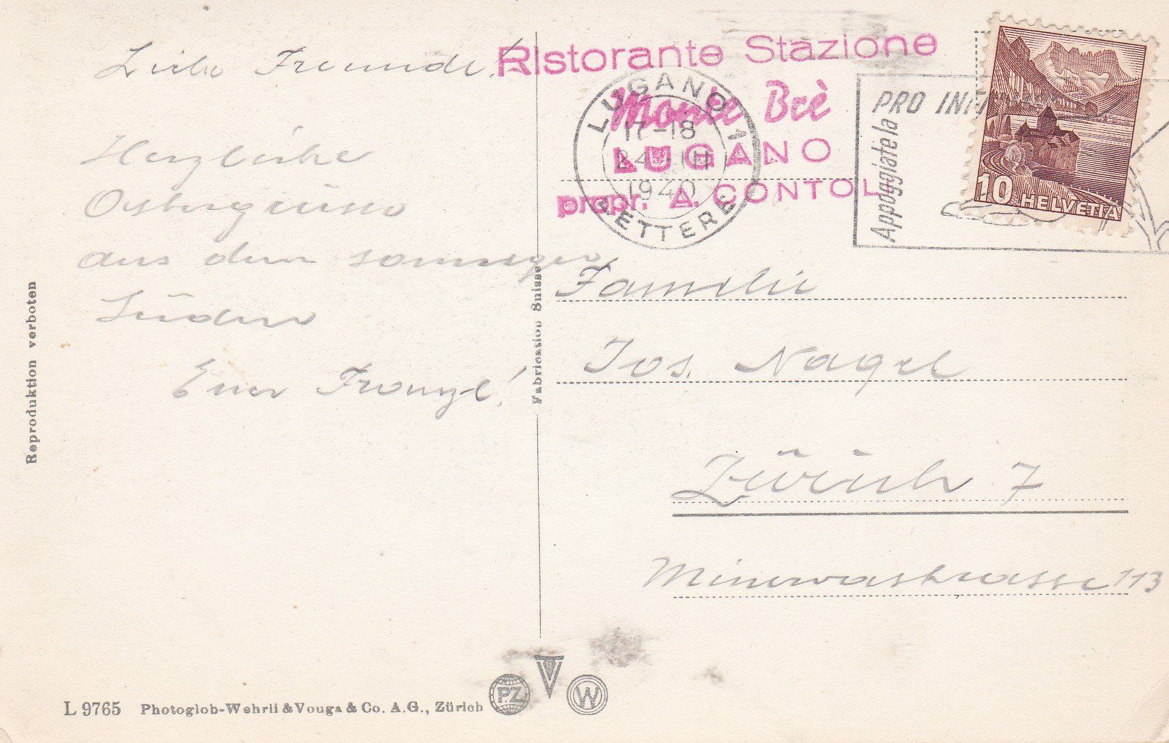 Cartoline postali: Alte Ansichtskarte: Castagnola, Lugano 1940 – Usato da Neuenhof venduto da Wanton 1