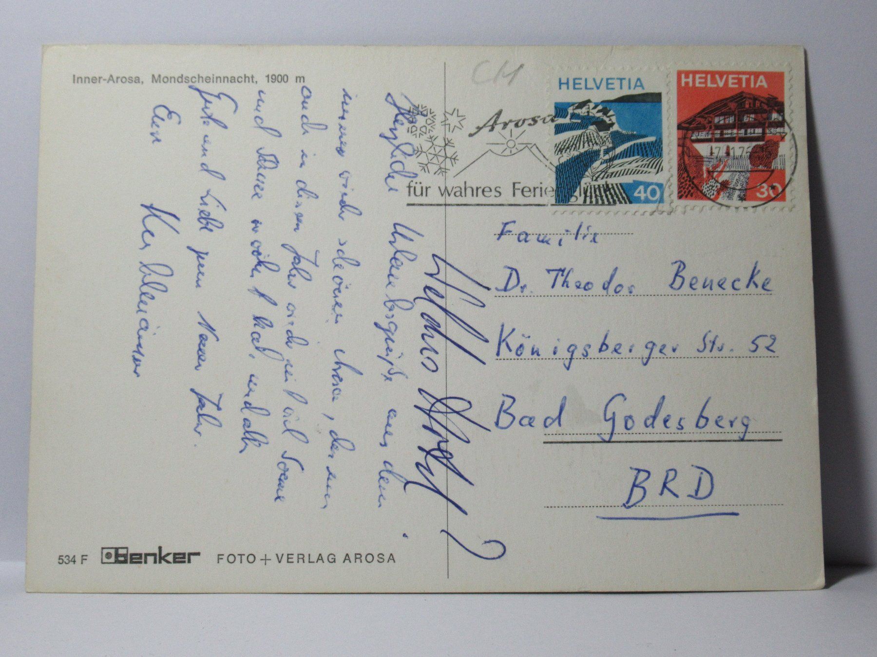 Cartoline postali: Inner - Arosa , Mondscheinnacht 1975 – Usato da Grenchen venduto da Bluemchen1900 1
