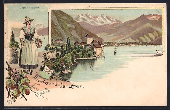 Cartoline postali: Litho Lac Léman, Chillon et Costume van – Usato da Berlin venduto da bartko-reher