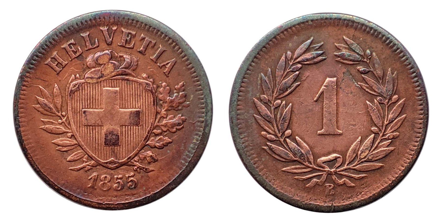 Tutti le monete: 1 Rappen 1855 mit Abart – Usato da Heerbrugg venduto da Swissphila