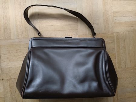 Sac à main vintage en cuir véritable, marron foncé 50s