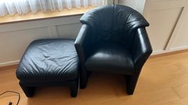 Leder Sessel mit Fusshocker, schwarz, bequem