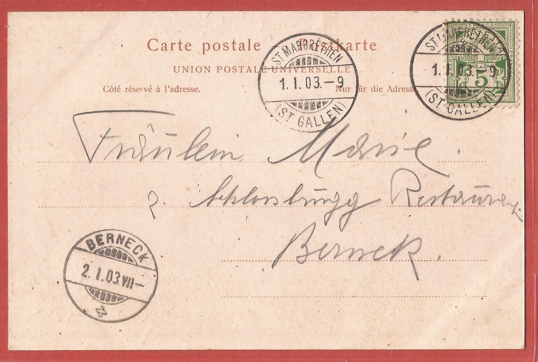 Ansichtskarten: St. Margrethen - Quartier - 1903 – Gebraucht aus Fislisbach von Porano 1