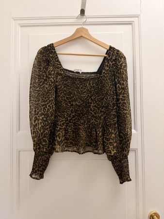 Leopard Print Blouse Smocked Square Neck Size M