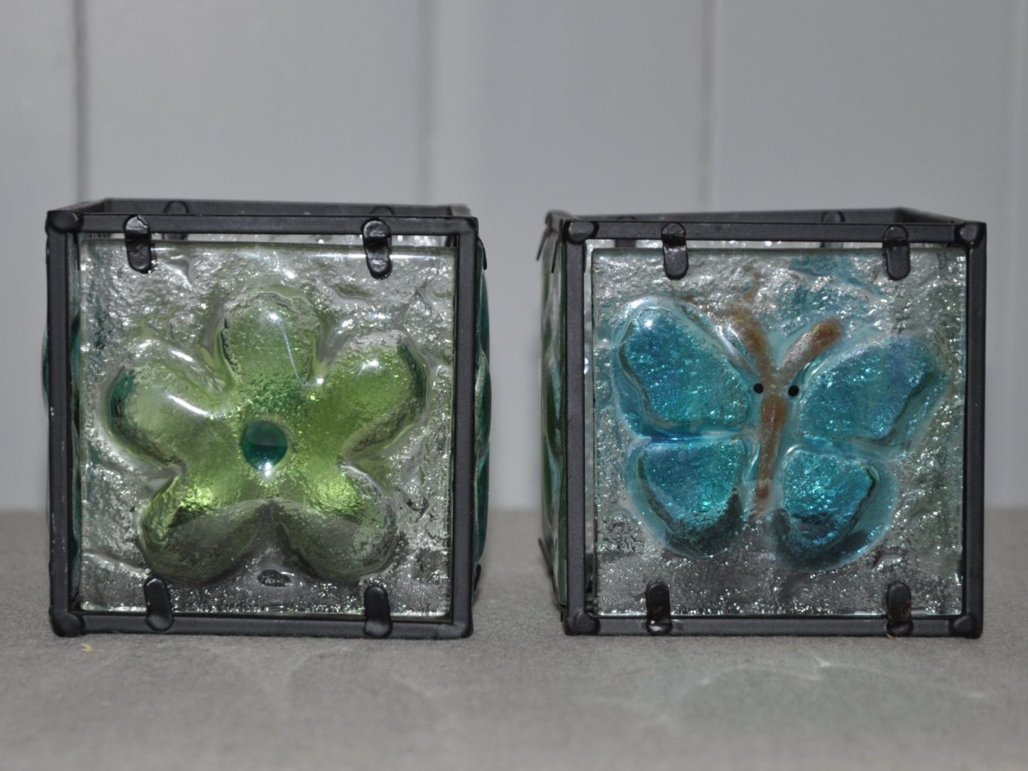 Portacandele: 2 Windlichter Glas + Metall Blumen Schmetterling Libelle – Usato da Boll venduto da Theodora15