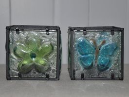 2 Teelichthalter Glas + Metall Blumen Schmetterling Libelle