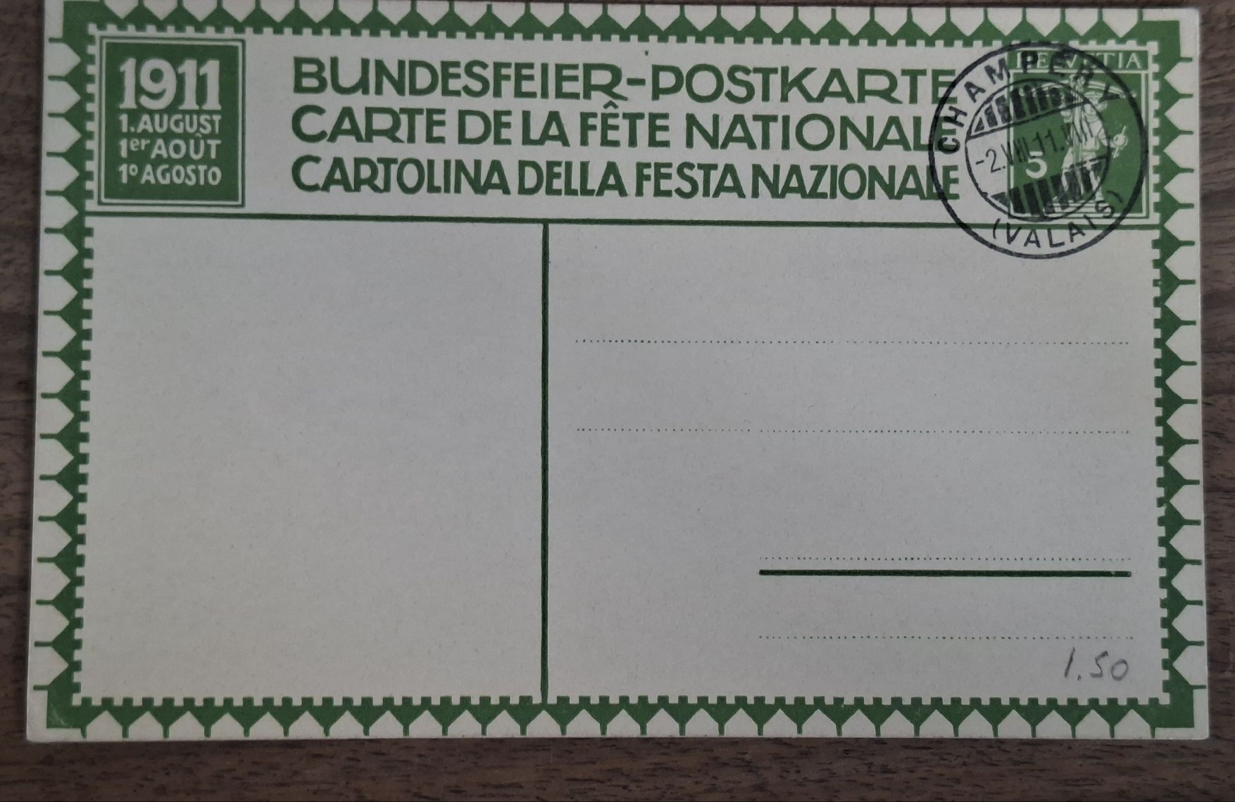 Tutti i francobolli: Bundesfeierkarte 1911 Champery Valais  – Usato da Balgach venduto da SIMEON27