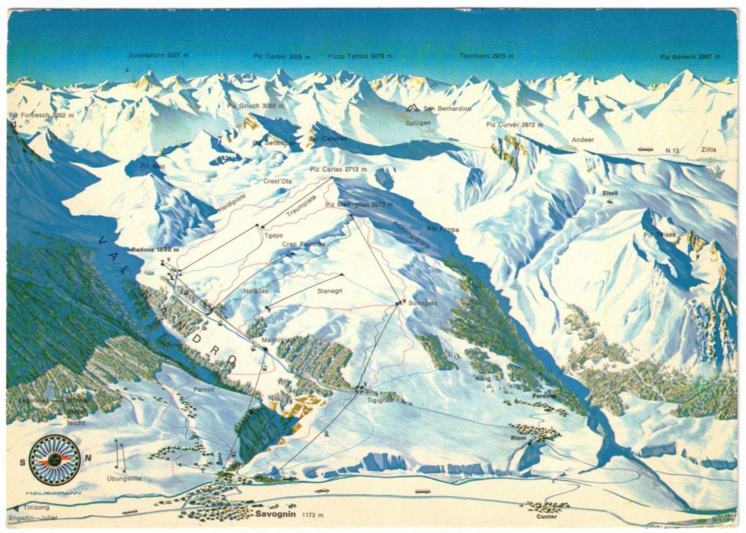 Cartoline postali: Savognin - Pistenplan – Usato da Binningen venduto da Mountainrider